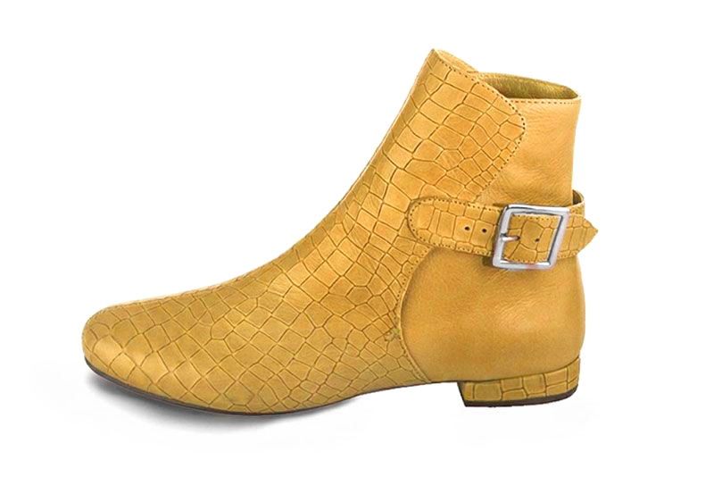 Sophisticated leather ankle boots detailed with an elegant back buckle and heel-strap finish for a distinct couture look, in mustard yellow leather with round toe and low block heel - Florence KOOIJMAN